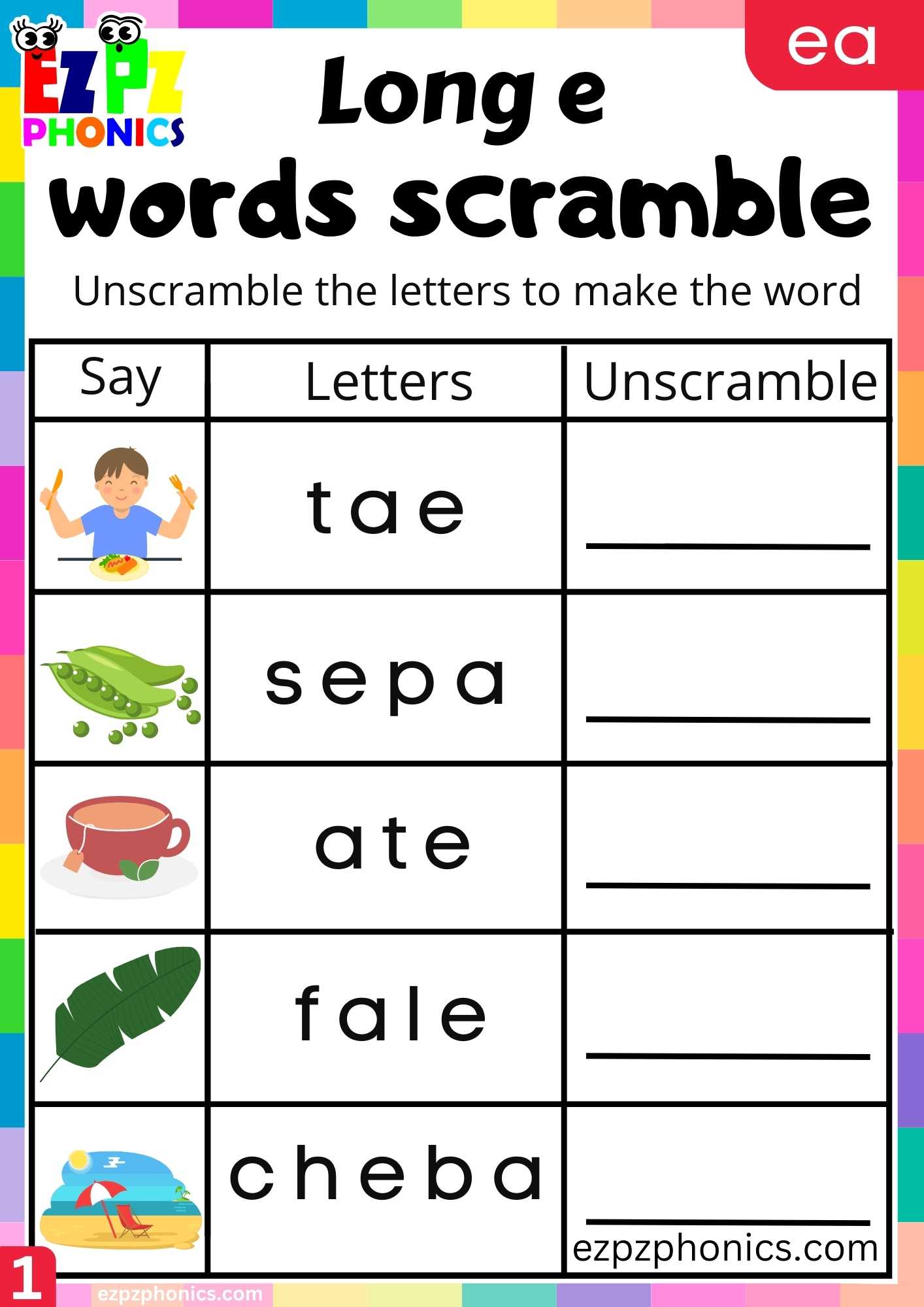 Group1 EA Words Words Scramble Long E Phonics Worksheet